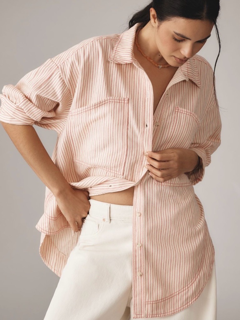 Anthropologie Pilcro Studio Smock Pink Striped Button-Down Shirt Size Xs